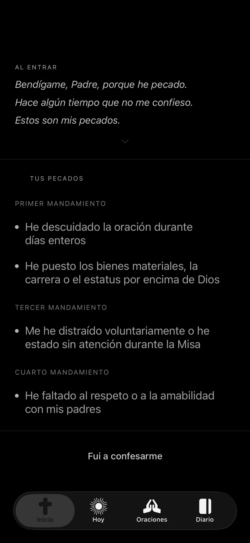 El modo de confesión: tu lista en letra tranquila sobre pantalla oscura