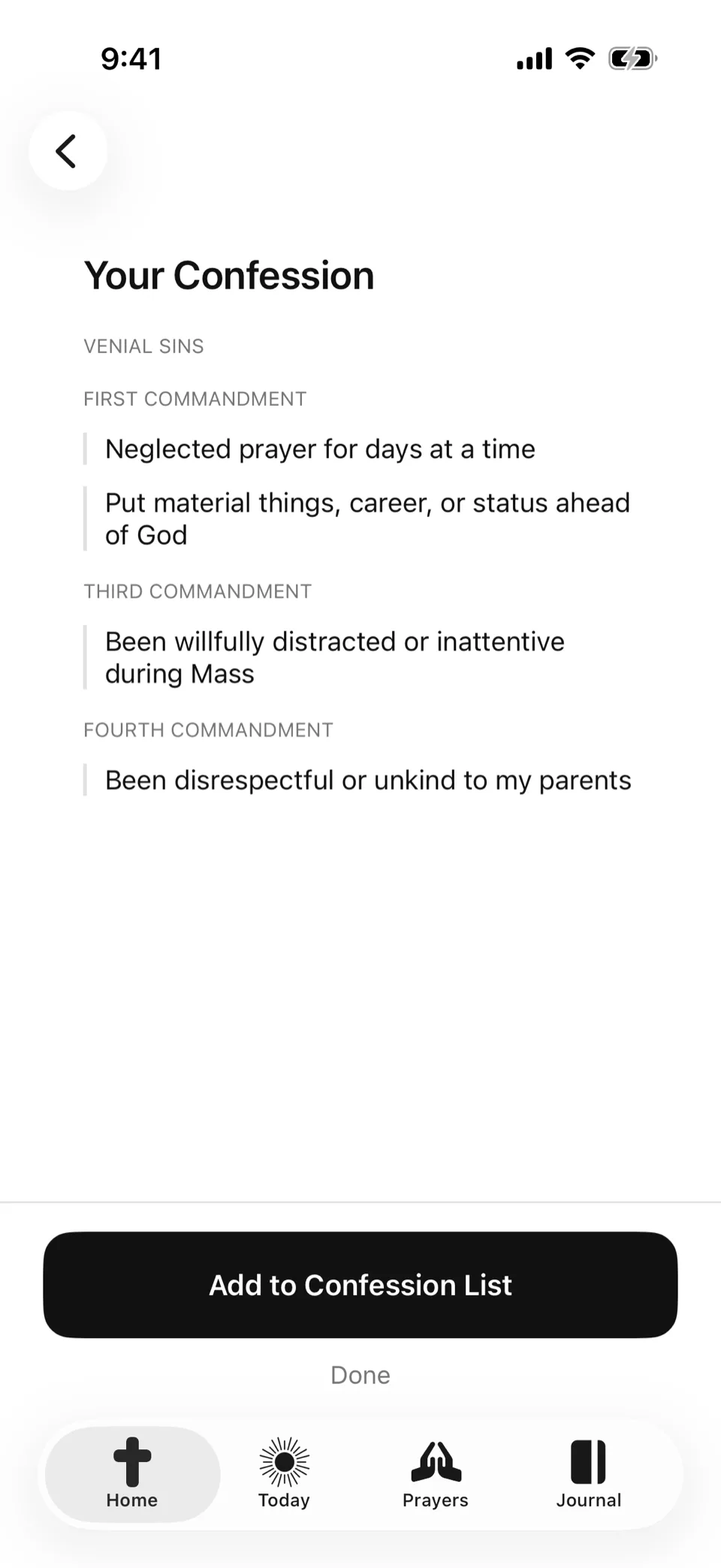 A confession list in Confess., grouped by commandment