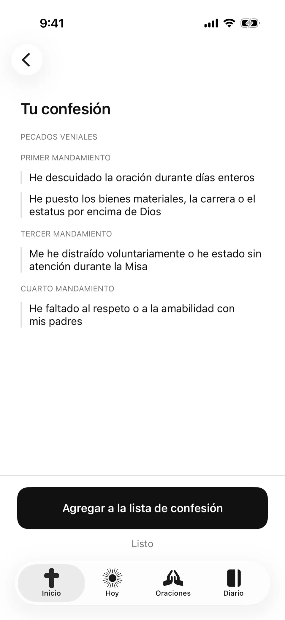 Una lista de confesión en Confess., ordenada por mandamiento