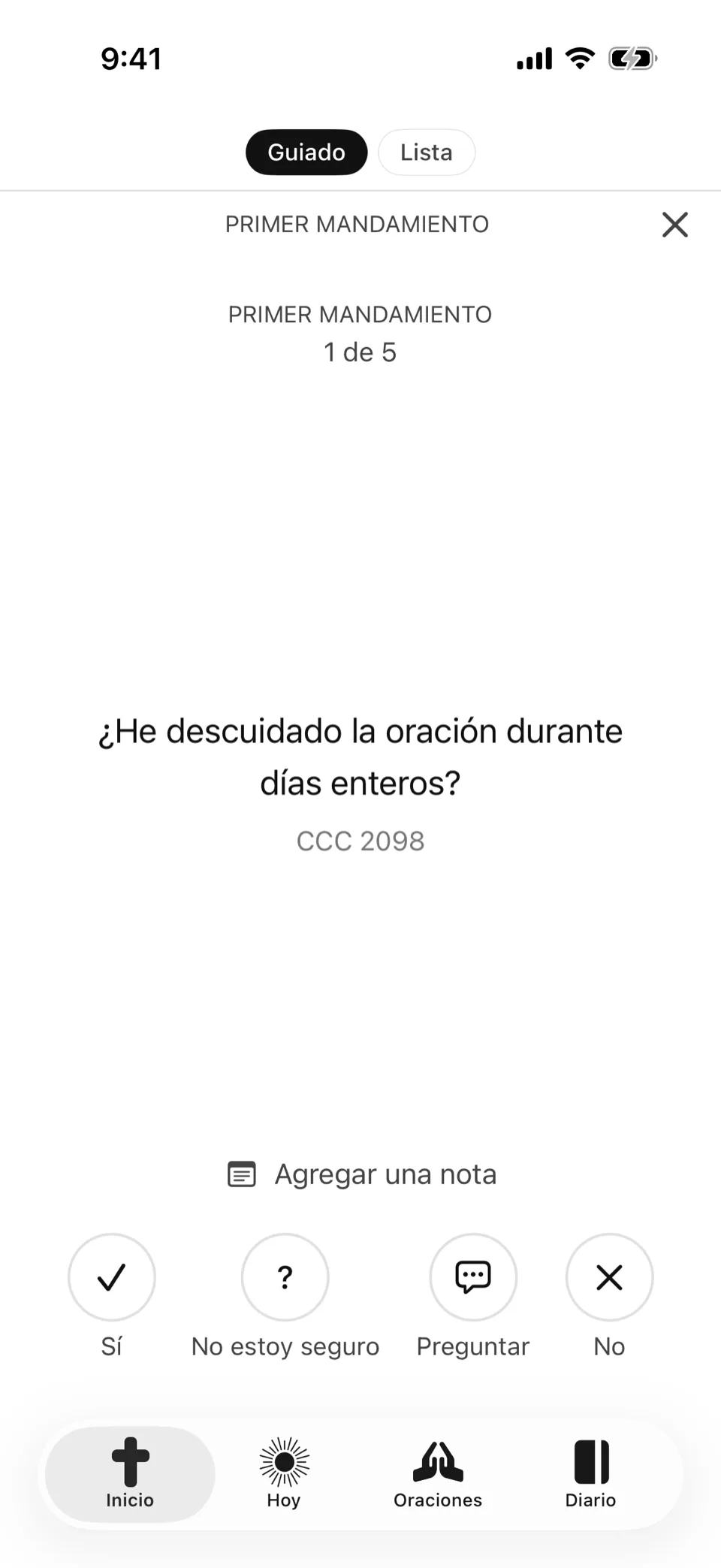 Una pregunta del examen en Confess., con su cita del Catecismo y las respuestas Sí, No estoy seguro, Preguntar y No